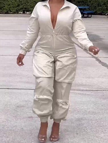 Damen Overall Aktiv Einfarbig Langarm Cargo-Hosen Hemdkragen Reißverschluss Tasche Urlaub Täglich Normale Passform Schwarz Weiß Frühling   Damen Overall Aktiv Einfarbig Langarm Cargo-Hosen Hemdkragen Reißverschluss Tasche Urlaub Täglich Normale Passform Schwarz Weiß Frühling