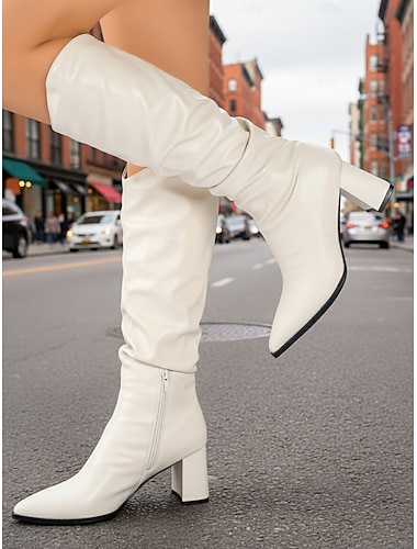  stivali alti fino al ginocchio in similpelle bianca da donna con punta affilata e tacco a blocco, stivali alla moda dallo stile chic e morbido per feste, serate fuori e outfit autunno-inverno