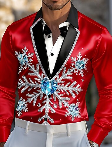  Natale Per uomo Costume di Natale Camicia da smoking stampata con cravatta Camicia Camicia in raso Camicia elegante Manica Lunga Moda Casual All'aperto Feste Ferie Primavera Autunno Collo ripiegato