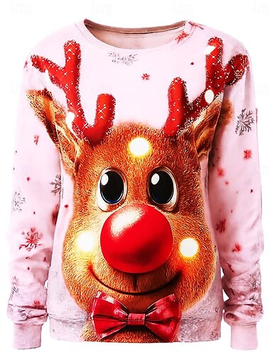  Dame Genser med genser Hettegensere Grafisk Reinsdyr Snøfnugg Mote Fritid Langermet Crew-hals Vanlige topper Gate Hverdag Avslappet Trykt mønster Blå Hvit Rosa Vår Høst Vinter