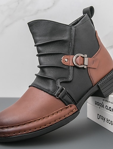  męskie, dwukolorowe, czarne i brązowe, skórzane botki z klamrą z boku i składaną cholewką, ręcznie robione buty vintage dla miłośników mody retro