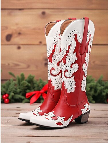  Røde og hvite westerncowboystøvler med nagler til dame, komfortable hælstøvler til høytidsfeiringer og vinterfestligheter
