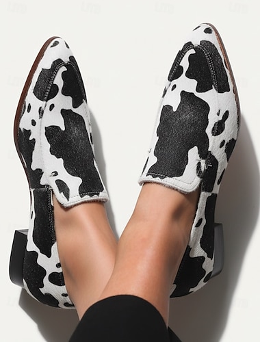  Damen Rindsleder Muster Kunstleder Mokassins – Stylische Schwarz-Weiße Slipper für Freizeit und Büro