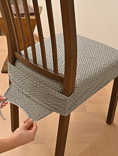  Capas de assento para sala de jantar, capa elástica com listras jacquard e design xadrez, capa de banco elástica dupla com fivela e lingueta, conjunto de capa de almofada de cadeira antiderrapante