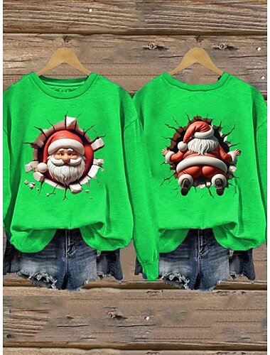  Dame Genser med genser Grafisk julenissen Jul Fritid Langermet Crew-hals Vanlige topper Gate Hverdag Avslappet Svart Rosa Rød Mørkegrønn Grønn Høst Vinter