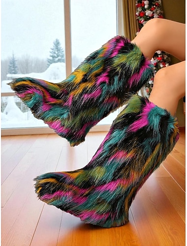  Botas femininas de festival de pele sintética multicoloridas, botas de neve fofas de arco-íris até o joelho para rave, festa &festivais de música de inverno