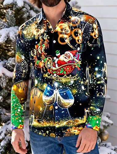  Święta Długie rękawy Koszula zapinana na guziki Święty Mikołaj Graficzny Zabawne Zabawny na Męskie Dla dorosłych Druk 3D  Do Święta Karnawał Nowy Rok Impreza