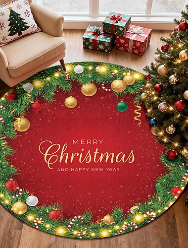  Aluematot Punainen Joulukranssi Pyöreä Matto Olohuoneeseen Ja Makuuhuoneeseen Väärennetty Kashmir Lomamatto Iloista Joulua Viestillä Pehmeä Liukumaton Konepestävä Matto Juhlatilan Lattiamatto
