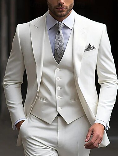  Мужской Свадьба Для вечеринок Костюмы Белый Мода Формальная Однотонный Стандартная посадка Набор из 3 предметов Однобортный с 2 пуговицами