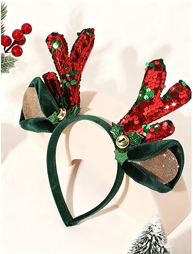  γυναικεία χριστουγεννιάτικη κορδέλα κεφαλής με κέρατα ταράνδου, κόκκινα κέρατα με παγιέτες και κουδουνάκια &Πράσινα βελούδινα αυτιά με φιόγκο, χαριτωμένο αξεσουάρ μαλλιών για πάρτι διακοπών για