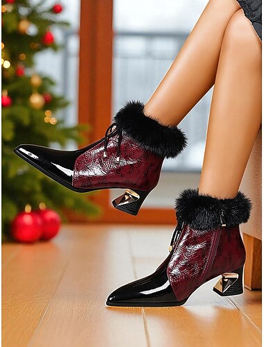  Women's Genuine Leather Ankle Boots with Mink Fur Trim, Patent Spliced Pointed Toe Block Heels, Luxury Winter Party & Evening Shoes