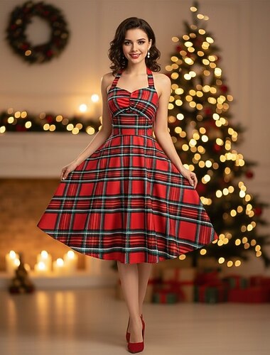 A-Linien-Kleid Swing-Kleid Ausgefallenes Weihnachtskleid Damen Retro Vintage 1950er Karomuster Muster Festkleidung Erwachsene Weihnachten Neujahr Retro-Mottoparty Abendkleidung Kleid