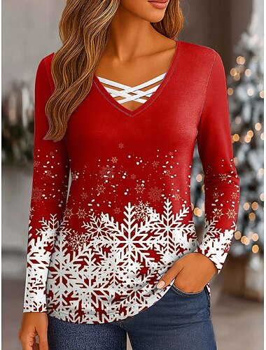  חולצת T נשים חג המולד עם שלג גרפי מכוער נוסטלגי אופנתי קלאסי עם שרוולים ארוכים צוואר V רגיל יומי הדפס אדום כחול סגול ירוק סתיו חורף
