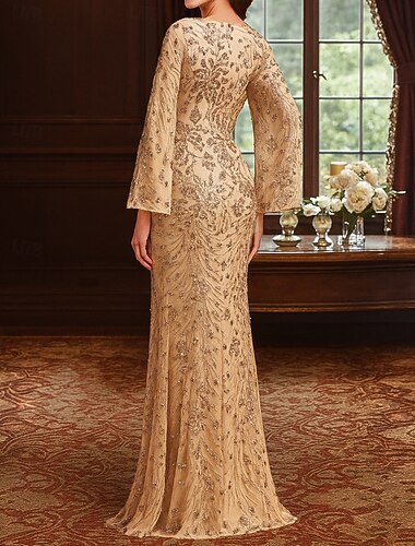  Sirena / Tromba Tubino / Colonna Lunghezza al pavimento Abito Formale Abito da sera Manica Lunga Scollo a V Elegante Vintage Festa Con Paillettes Abito da cerimonia per signora con Perline Paillettes