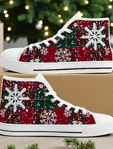 Женские высокие кеды из парусины с рисунком снежинок на Рождество - праздничный узор в красную клетку, идеально подходят для праздничных встреч, зимних вечеринок и повседневного рождественского отдыха   Женские высокие кеды из парусины с рисунком снежинок на Рождество - праздничный узор в красную клетку, идеально подходят для праздничных встреч, зимних вечеринок и повседневного рождественского отдыха