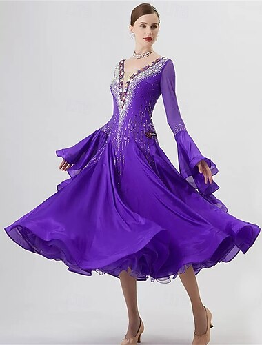  Kjole til dame med ballroom-dans, strass, lange ermer, vals-tango, konkurransekjole med utsvingte mansjetter og flagrende skjørt – lilla