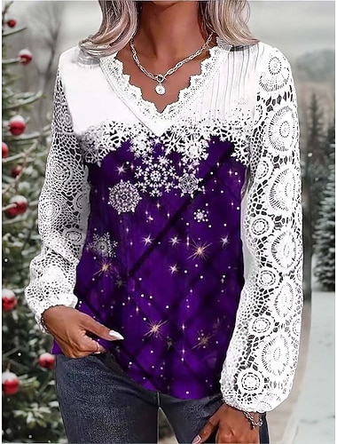  Julesnøfnugg skjorte Claus elegant vintage søt langermet v-hals normale topper fest aften antrekk daglig ferie kontrast blonder lappetrykk knapper rød lilla grønn