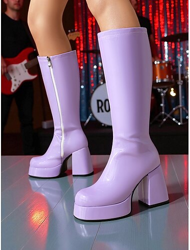  Женские белые глянцевые лакированные сапоги из искусственной кожи на массивном каблуке в стиле диско-мод 80-х годов, идеально подходят для ретро-вечеринок, костюмированных мероприятий и ночных выходов.
