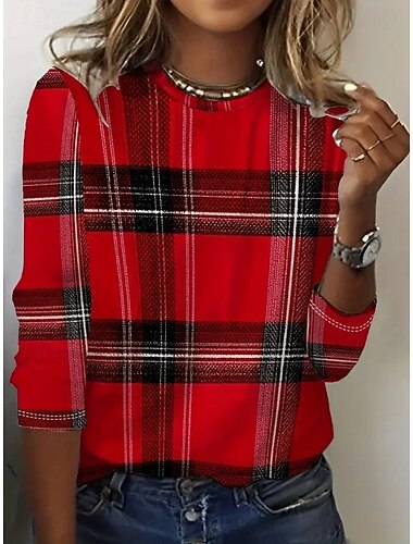 Dame T skjorte Grafisk Geometrisk Ruter Årgang Mote Stilfull Langermet Crew-hals Rund hals Vanlige topper Daglig Helg Trykt mønster Rød Vår Høst Vinter   Dame T skjorte Grafisk Geometrisk Ruter Årgang Mote Stilfull Langermet Crew-hals Rund hals Vanlige topper Daglig Helg Trykt mønster Rød Vår Høst Vinter