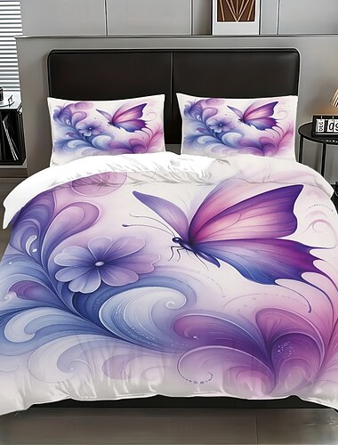  Conjunto de capa de edredom de 3 peças com estampa floral de borboleta roxa para cama queen size, capa de edredom macia com 2 fronhas – hotel &roupa de cama para quarto de hóspedes, aconchegante