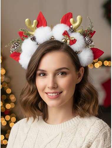  Γυναικεία χριστουγεννιάτικη κορδέλα με κέρατα ταράνδου, χνουδωτό αξεσουάρ μαλλιών με καπέλο Άγιου Βασίλη με χρυσά κέρατα και πομ πομ για χριστουγεννιάτικο πάρτι, οικογενειακή συγκέντρωση &εορταστικές