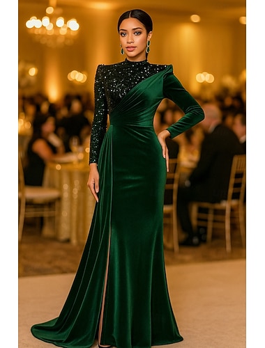  Tuubi Kokopitkä Tanssiaispuku viitalla Iltapuku Muodollinen mekko Tyylikäs Kimalteleva Korkea jaettu Pitkähihainen poolokaulus Muodollinen Häät Tasku Paljetein koristeltu Sametti kanssa Kimalle