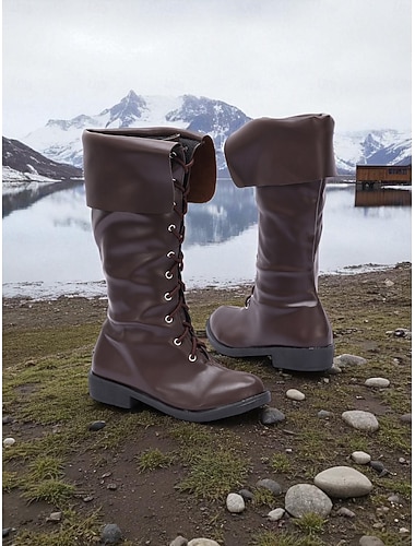  Middeleeuwse laarzen met bruine imitatieleren manchetten en veters voor dames - historische schoenen in Viking- en piratenkostuum voor cosplay en renaissancebeurzen