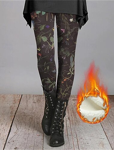  Per donna Leggings Leggings comodi Vacanza Moda Streetwear Lunghezza intera Vita Alta Floreale Grafico Stampa Pile Calore Termico Comodo Elasticizzato All'aperto Casual Quotidiano Nero Autunno Inverno