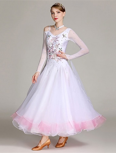  Kjole til dame med blomstermønster, strass, gradient, lagdelt tyll, elegant vals, tango, foxtrot, konkurranseopptredenskjole – hvit/rosa