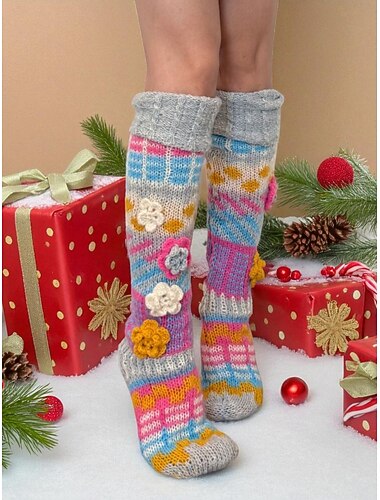  Meias femininas de crochê com estampa de vovó e tema natalino, na altura do joelho, design de malha multicolorido para comemorações de feriados e moda de inverno