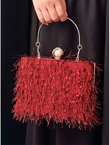  Håndveske til dame i julestil – elegant rød og grønn fjærkledde kveldsveske med gullhåndtak og perlelukking – julegave til kvinner – elegant festlig stil til julefeiringen