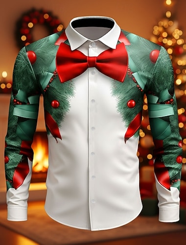  Noël Homme Costume de Noël Costume cravate chemise de smoking imprimée Chemise Chemise Boutonnée manche longue Drôle Extérieur Fête Printemps Automne Col Rabattu Impression 3D chemises à col Blanc 1