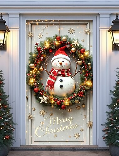 Couverture de porte de Noël avec couronne de bonhomme de neige, rideau de porte joyeux Noël avec lumières et ornements, décoration de porte d'entrée de vacances pour décoration de porche de Noël   Couverture de porte de Noël avec couronne de bonhomme de neige, rideau de porte joyeux Noël avec lumières et ornements, décoration de porte d'entrée de vacances pour décoration de porche de Noël