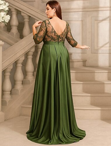  Krój A Sięgająca podłoża Suknia Sukienka rozkloszowana Suknia wieczorowa Rękaw 1/2 W serek Elegancja Zabytkowe Ozdobny Poliester Sukienka dla matki panny młodej z Plisy Haft