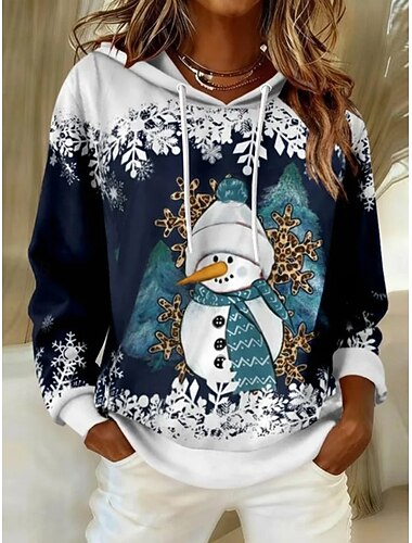  Dame Hettegensere Snømann Juletre Mote Gatemote Fritid Langermet Med hette Vanlige topper Hverdag Avslappet Snorer Lapper Trykt mønster Blå Vin Rød Høst Vinter