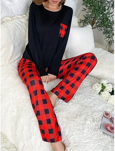  Geschenke Weihnachten Damen Pyjamas Loungewear Pyjama Set Aktive Mode Einfache Hose Urlaub Zuhause Langarm Rot Frühling Herbst Winter Reguläre Passform