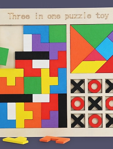  3-in-1 Holzpuzzlebrett - Tangram Blöcke  Tic-Tac-Toe Spiel - Montessori Lernspielzeug für Kinder  Familie Weihnachtsgeschenk