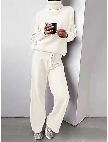  בגדי ריקוד נשים אופנתי סגנון רחוב יומי ערכות מכנסיים שרוול ארוך גולף צבע אחיד קזו'אל יומי שחור לבן חאקי אביב מונח בצורה רפויה