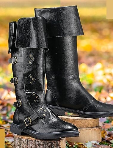  Botas masculinas pretas de couro sintético estilo revival medieval – design de fivela estiloso com parte superior dobrável, perfeitas para reconstituições históricas, cosplay e eventos temáticos