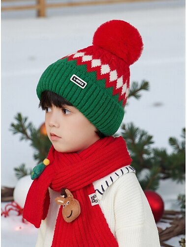  Conjunto de gorro y bufanda navideña para niños, gorro de invierno de punto suave con pompón y bufanda de reno, varios colores, perfecto para regalos navideños y celebraciones invernales.