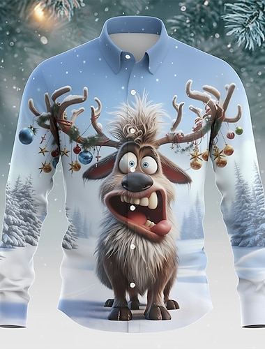  Christmas Miesten Eläin Poro hauska joulu Paita Button Up paita Pitkähihainen Hauska Joululahjat Pyhäpäivä Kevät Syksy Sänkyjen avaus 3D-tulostus kauluspaidat Rubiini Sininen Purppura
