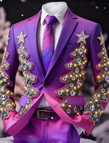  Jul Herre Juletre Blazer jakke Bekvem Kunstnerisk Fritid Fest Festkveldsklær Daglig 3D-utskrift Knapper Høst vinter Med hakk Langermet Rosa Lilla Grønn