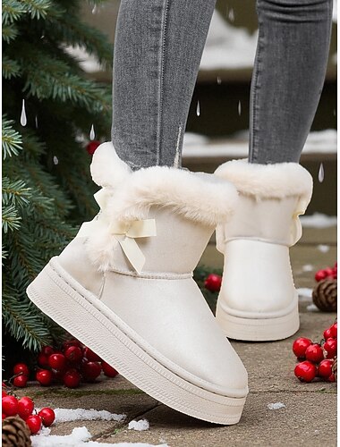 Botas de inverno femininas com acabamento em pele branca e detalhe de laço, botas de neve confortáveis e estilosas para clima frio e uso em festas   Botas de inverno femininas com acabamento em pele branca e detalhe de laço, botas de neve confortáveis e estilosas para clima frio e uso em festas