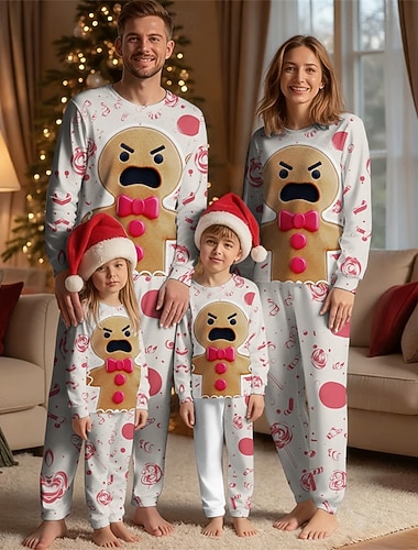  Familiestil Jul Julefamiliepyjamas Pyjamas Familiesett Grafisk Pepperkakemenn Hjem Trykt mønster Hvit Langermet Daglig Matchende antrekk