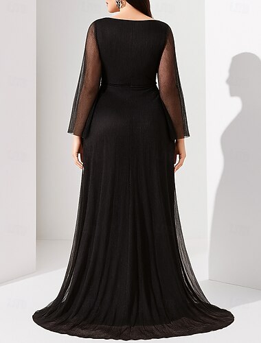  Ａライン フロア丈 フォーマルドレス イブニングガウン 長袖 クルーネック エレガント ヴィンテージ パーティー スパンデックス シフォン ポリエステル マダムドS 〜と レース