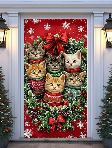  クリスマスドアカバー、冬のホリデーデコレーション、クリスマスセーターを着た猫のドレープ、お祭り気分のホリデーカラープリント、玄関、リビング、寝室、屋内、屋外、季節の装飾用
