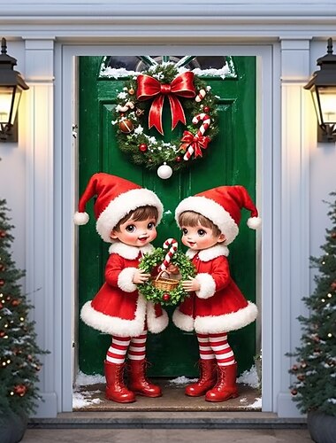 Housse de porte de Noël, rideaux de vacances représentant une petite fille en tenue de Noël rouge et blanche avec couronne et imprimé sapin de Noël pour la maison, l'entrée, le salon, la chambre à   Housse de porte de Noël, rideaux de vacances représentant une petite fille en tenue de Noël rouge et blanche avec couronne et imprimé sapin de Noël pour la maison, l'entrée, le salon, la chambre à