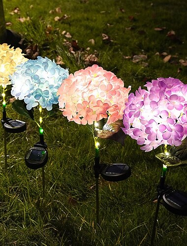  Solární zahradní světla venkovní, vodotěsná LED solární zahradní světla s květy hortenzie na terasu, venkovní dvůr, dekorativní chodník, dekorace