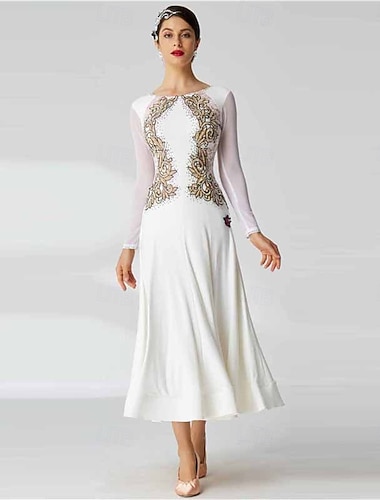  Kjole til dame med lange ermer i netting, vals, tango, latin, konkurransekjole med broderte applikasjoner – hvit