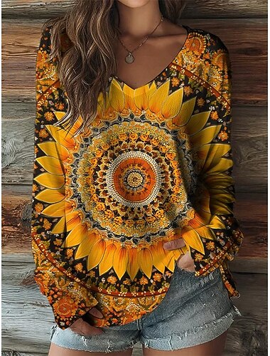 Dame T skjorte Grafisk Stamme Årgang Stilfull Fritid Langermet V-hals Vanlige topper Daglig Trykt mønster Gul Vår Høst   Dame T skjorte Grafisk Stamme Årgang Stilfull Fritid Langermet V-hals Vanlige topper Daglig Trykt mønster Gul Vår Høst